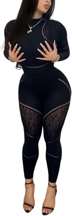 Women's Sexy Seamless Jumpsuit 2 piece outfit, Mock Neck Long Sleeve Bodysuit with Snap Crotch and Leggings Set