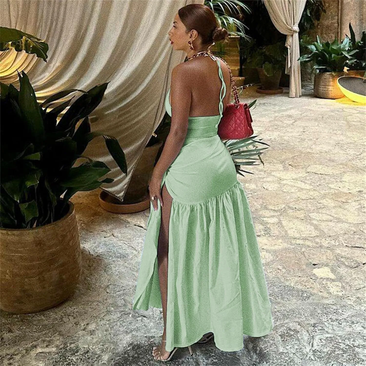Womens Summer 2 Piece Maxi Skirt Sets Sexy Halter V Neck Backless Thong Bodysuits Wrap Beach Cover Ups Vacation Outfits