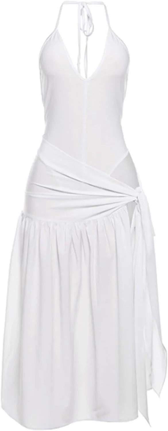 Womens Summer 2 Piece Maxi Skirt Sets Sexy Halter V Neck Backless Thong Bodysuits Wrap Beach Cover Ups Vacation Outfits