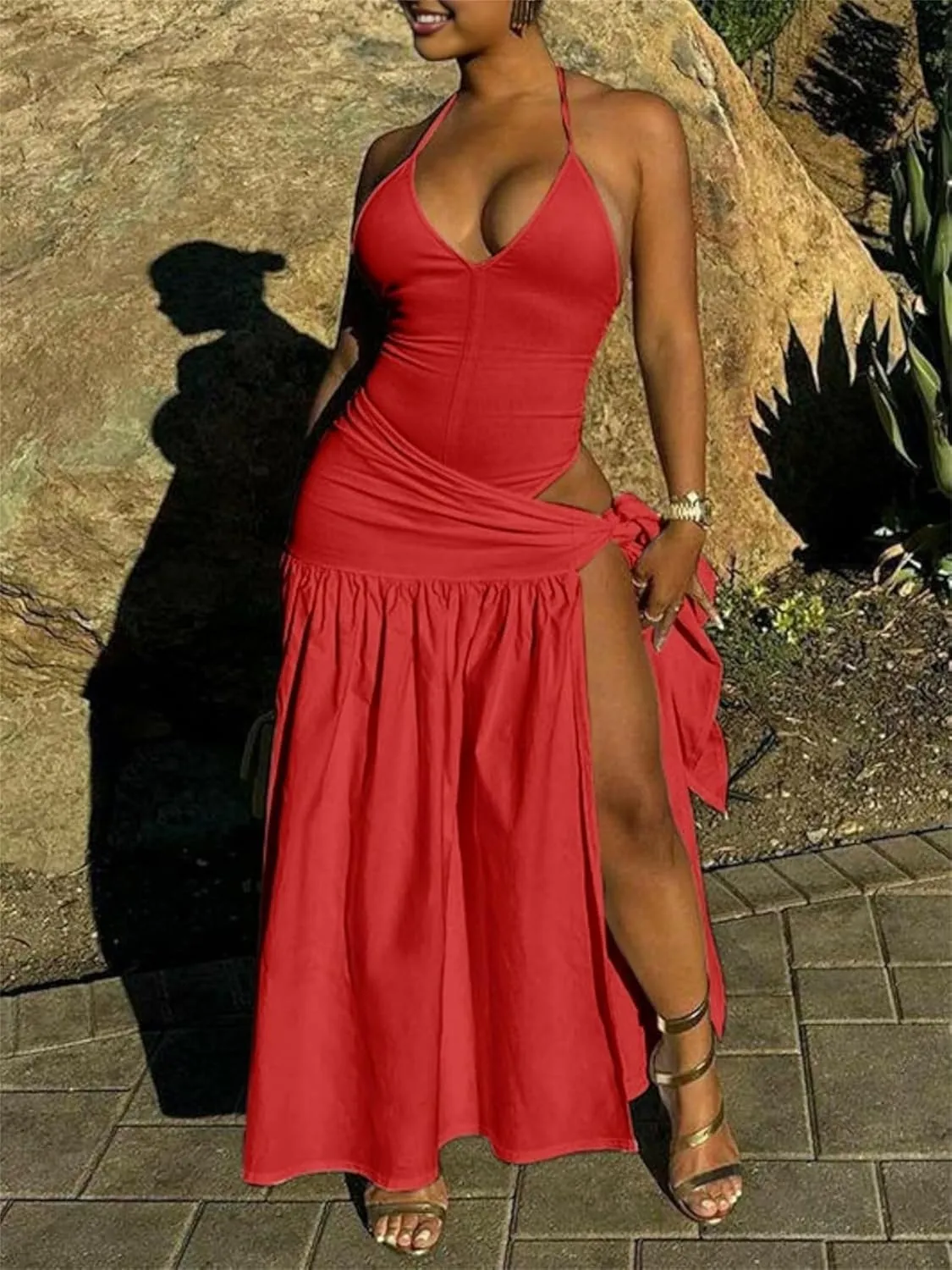 Womens Summer 2 Piece Maxi Skirt Sets Sexy Halter V Neck Backless Thong Bodysuits Wrap Beach Cover Ups Vacation Outfits