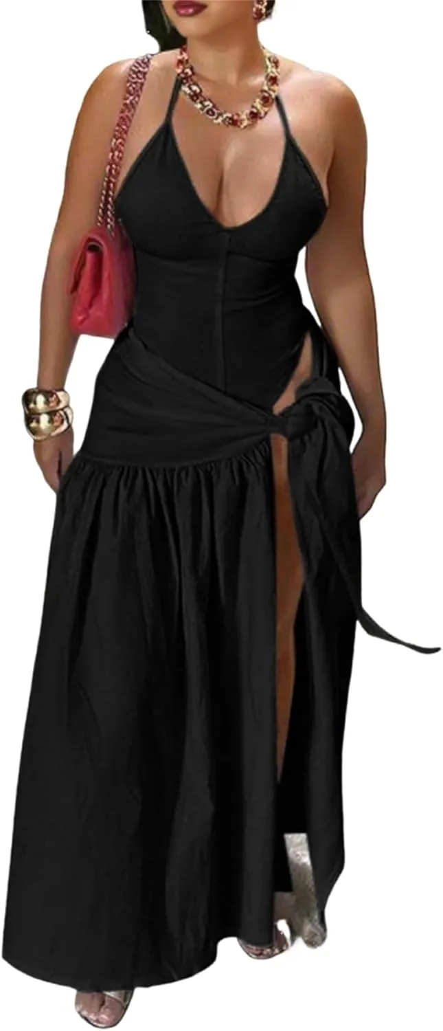Womens Summer 2 Piece Maxi Skirt Sets Sexy Halter V Neck Backless Thong Bodysuits Wrap Beach Cover Ups Vacation Outfits