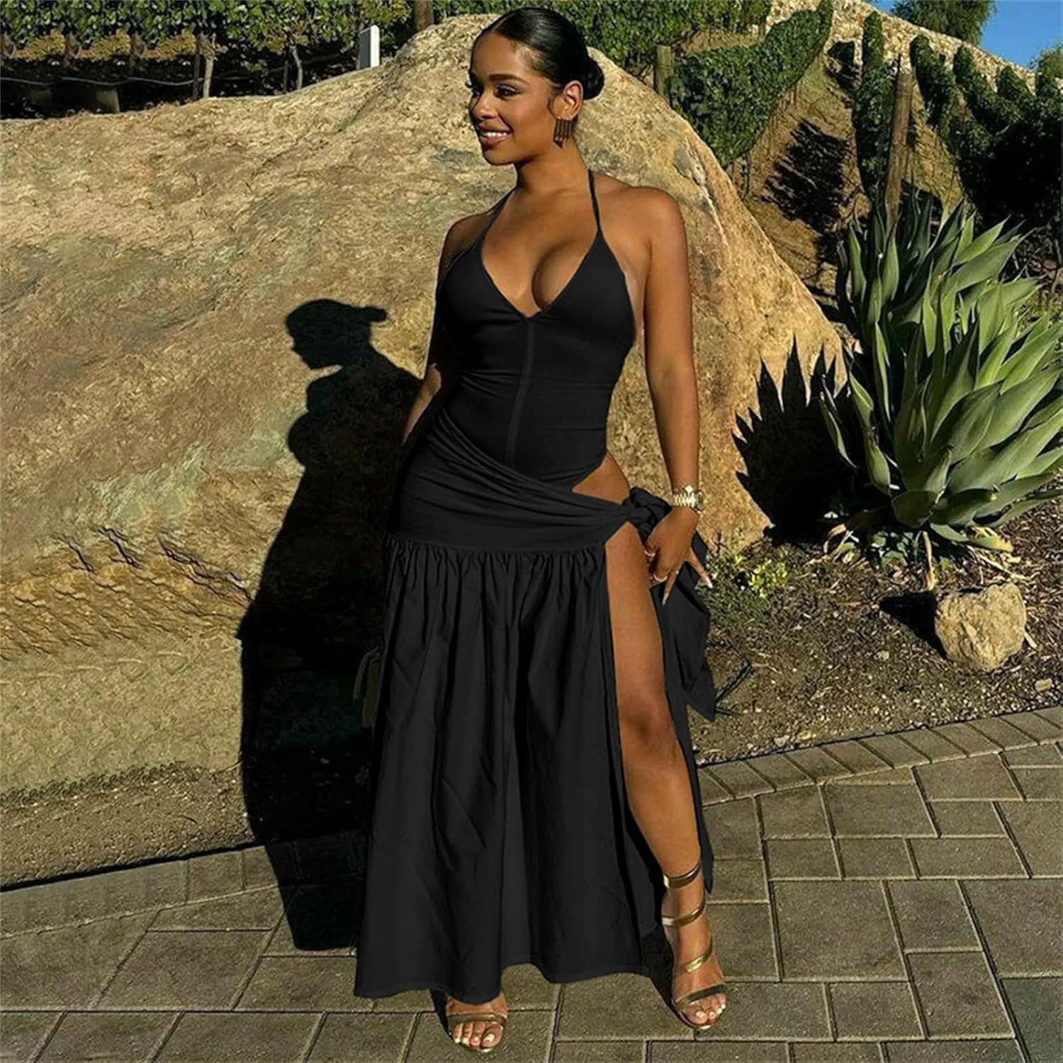 Womens Summer 2 Piece Maxi Skirt Sets Sexy Halter V Neck Backless Thong Bodysuits Wrap Beach Cover Ups Vacation Outfits