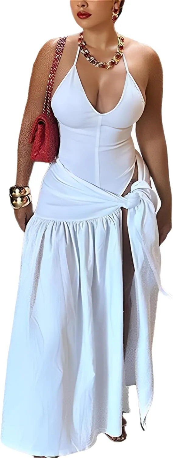 Womens Summer 2 Piece Maxi Skirt Sets Sexy Halter V Neck Backless Thong Bodysuits Wrap Beach Cover Ups Vacation Outfits