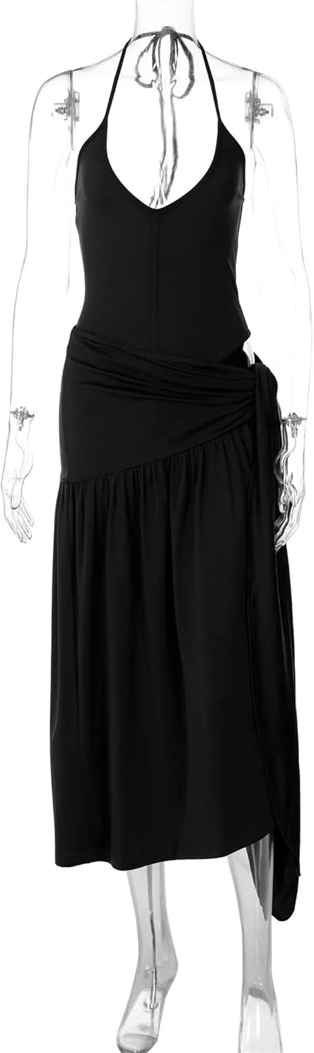 Womens Summer 2 Piece Maxi Skirt Sets Sexy Halter V Neck Backless Thong Bodysuits Wrap Beach Cover Ups Vacation Outfits