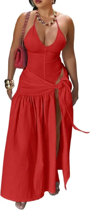 Womens Summer 2 Piece Maxi Skirt Sets Sexy Halter V Neck Backless Thong Bodysuits Wrap Beach Cover Ups Vacation Outfits