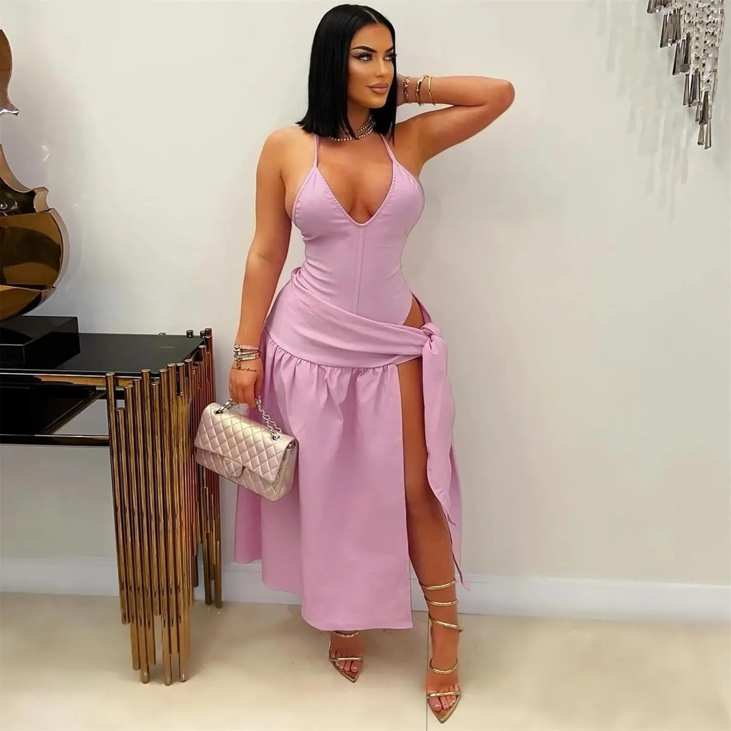 Womens Summer 2 Piece Maxi Skirt Sets Sexy Halter V Neck Backless Thong Bodysuits Wrap Beach Cover Ups Vacation Outfits