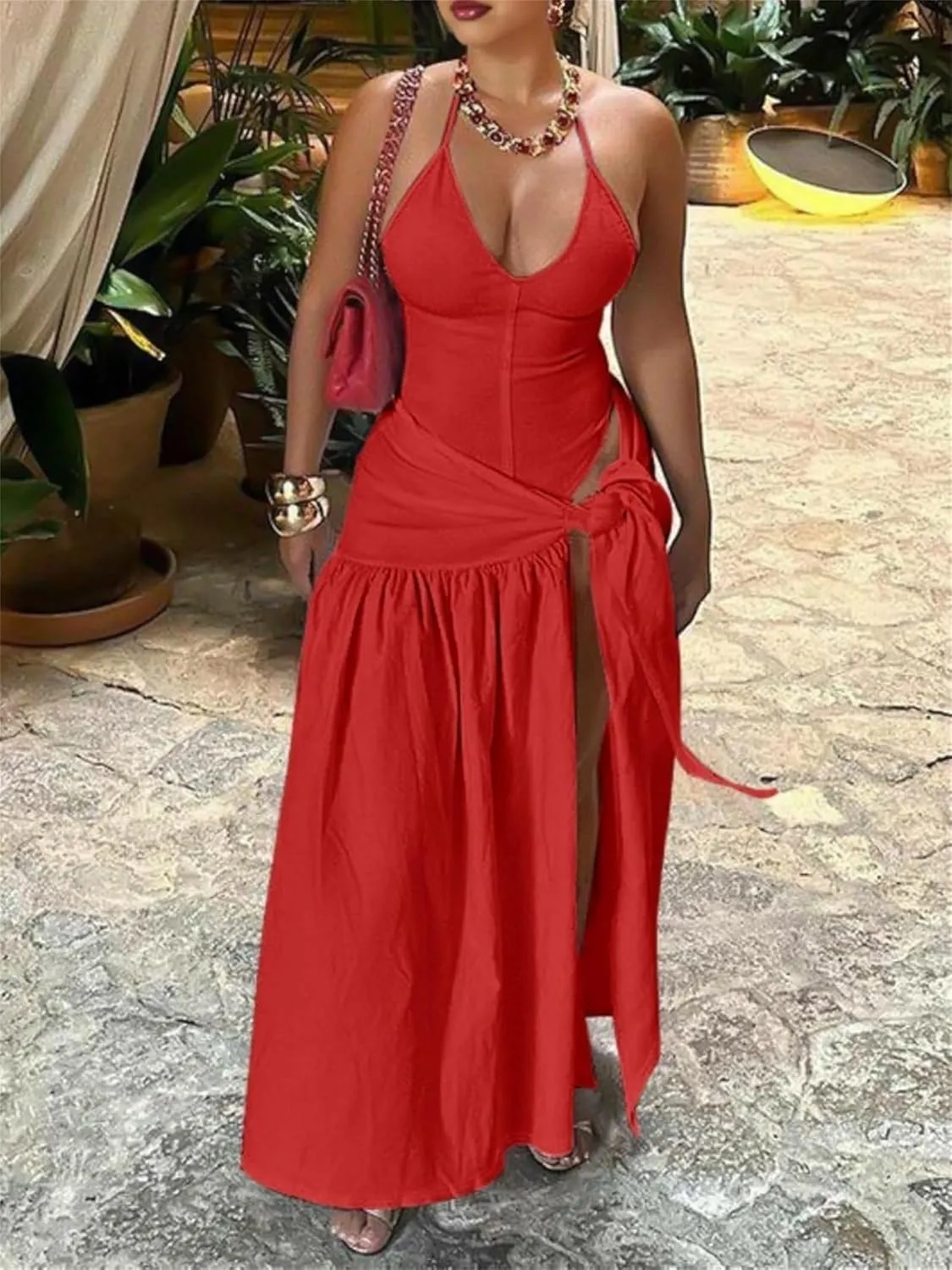 Womens Summer 2 Piece Maxi Skirt Sets Sexy Halter V Neck Backless Thong Bodysuits Wrap Beach Cover Ups Vacation Outfits