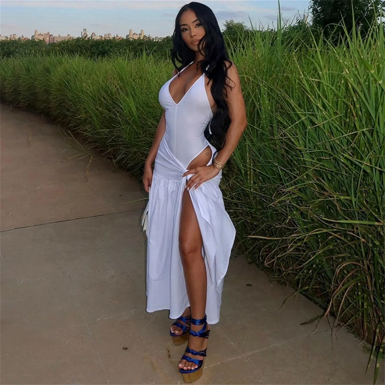 Womens Summer 2 Piece Maxi Skirt Sets Sexy Halter V Neck Backless Thong Bodysuits Wrap Beach Cover Ups Vacation Outfits