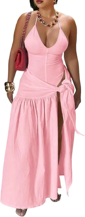 Womens Summer 2 Piece Maxi Skirt Sets Sexy Halter V Neck Backless Thong Bodysuits Wrap Beach Cover Ups Vacation Outfits