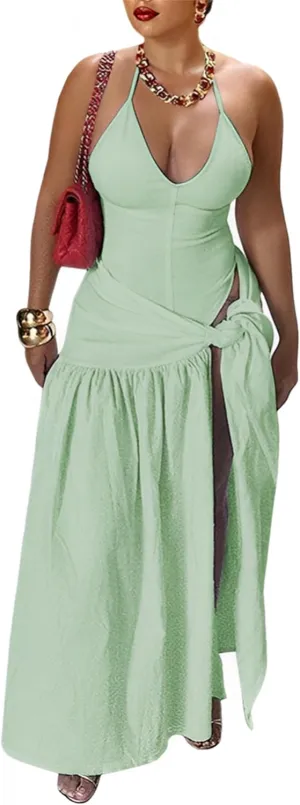 Womens Summer 2 Piece Maxi Skirt Sets Sexy Halter V Neck Backless Thong Bodysuits Wrap Beach Cover Ups Vacation Outfits