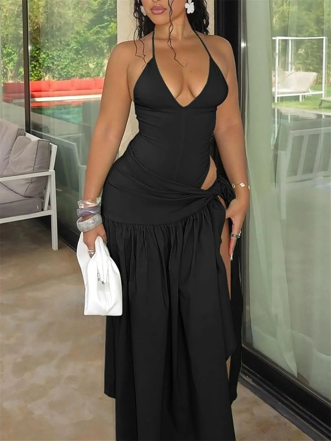 Womens Summer 2 Piece Maxi Skirt Sets Sexy Halter V Neck Backless Thong Bodysuits Wrap Beach Cover Ups Vacation Outfits