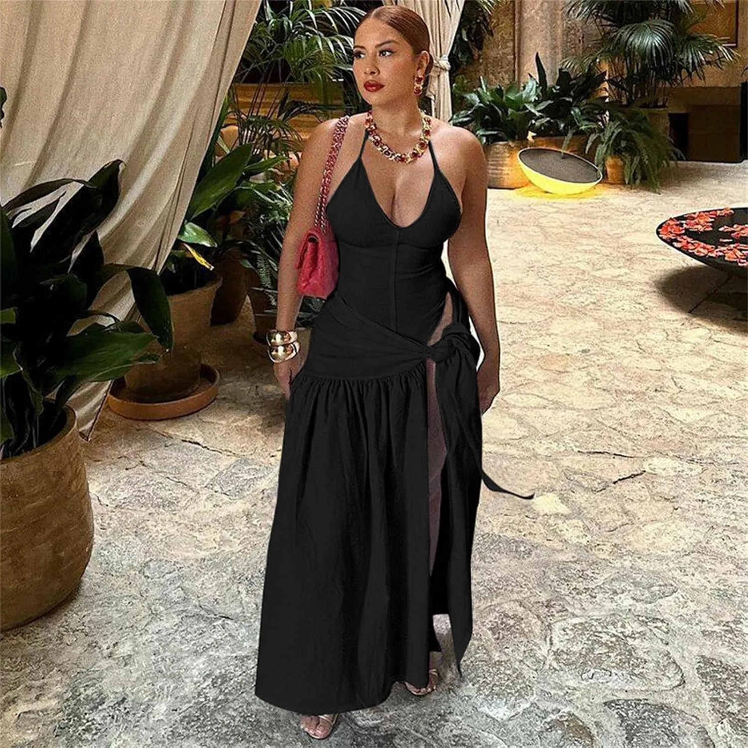 Womens Summer 2 Piece Maxi Skirt Sets Sexy Halter V Neck Backless Thong Bodysuits Wrap Beach Cover Ups Vacation Outfits