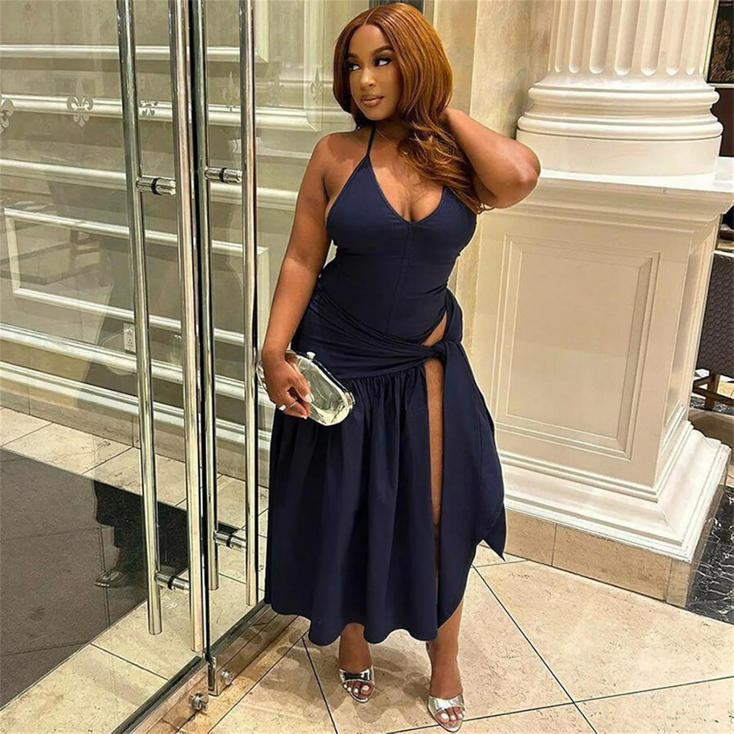 Womens Summer 2 Piece Maxi Skirt Sets Sexy Halter V Neck Backless Thong Bodysuits Wrap Beach Cover Ups Vacation Outfits