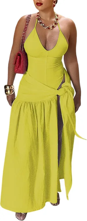 Womens Summer 2 Piece Maxi Skirt Sets Sexy Halter V Neck Backless Thong Bodysuits Wrap Beach Cover Ups Vacation Outfits