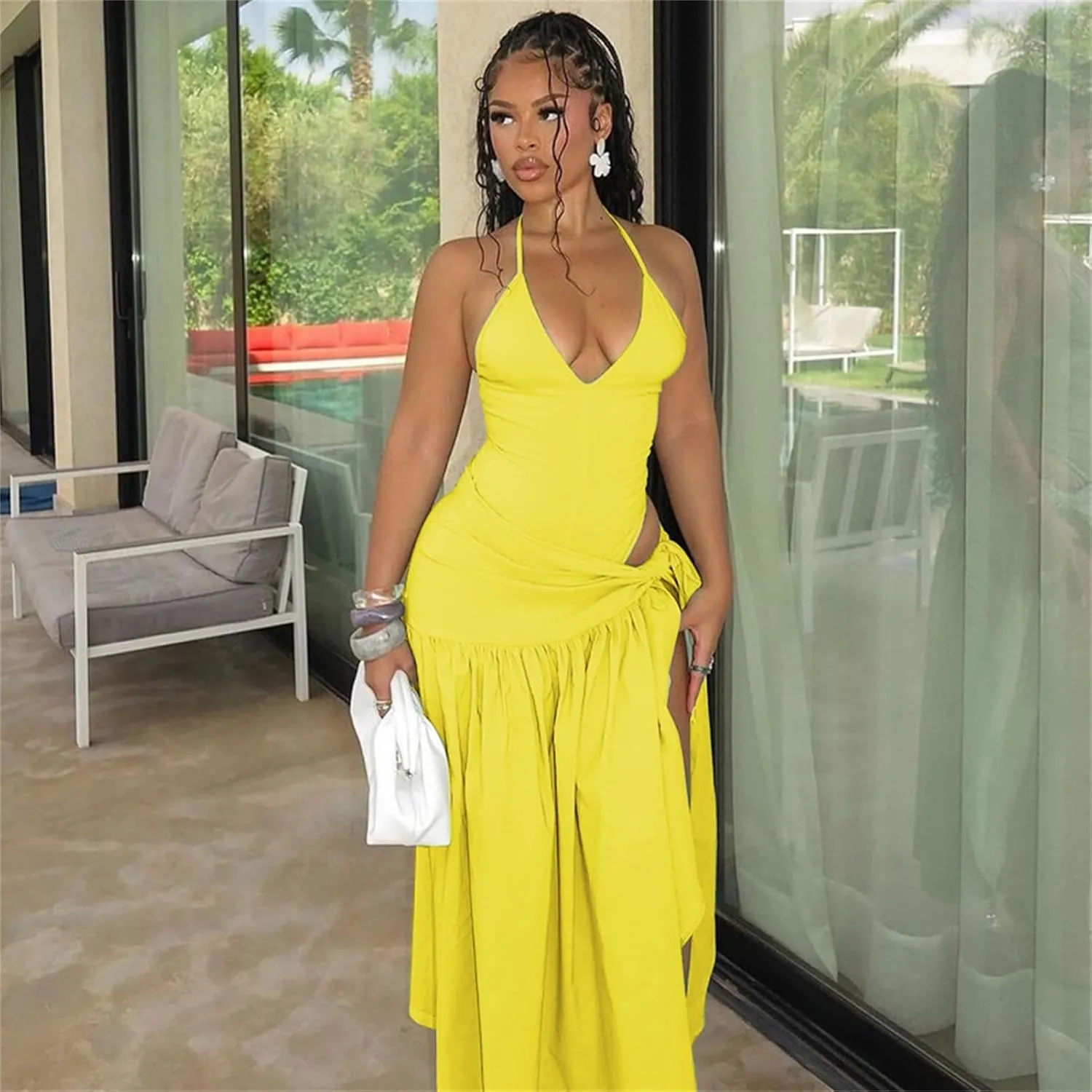 Womens Summer 2 Piece Maxi Skirt Sets Sexy Halter V Neck Backless Thong Bodysuits Wrap Beach Cover Ups Vacation Outfits