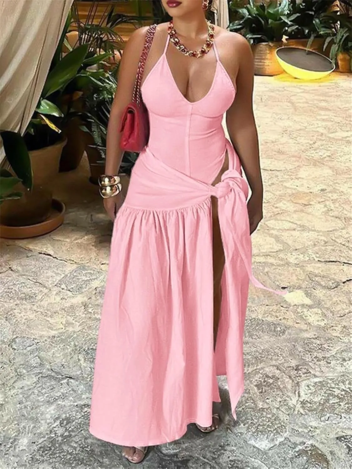 Womens Summer 2 Piece Maxi Skirt Sets Sexy Halter V Neck Backless Thong Bodysuits Wrap Beach Cover Ups Vacation Outfits