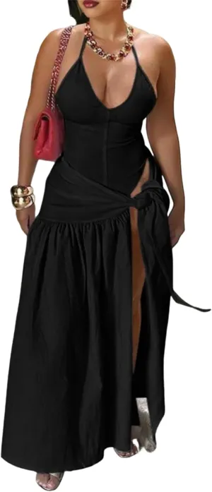 Womens Summer 2 Piece Maxi Skirt Sets Sexy Halter V Neck Backless Thong Bodysuits Wrap Beach Cover Ups Vacation Outfits