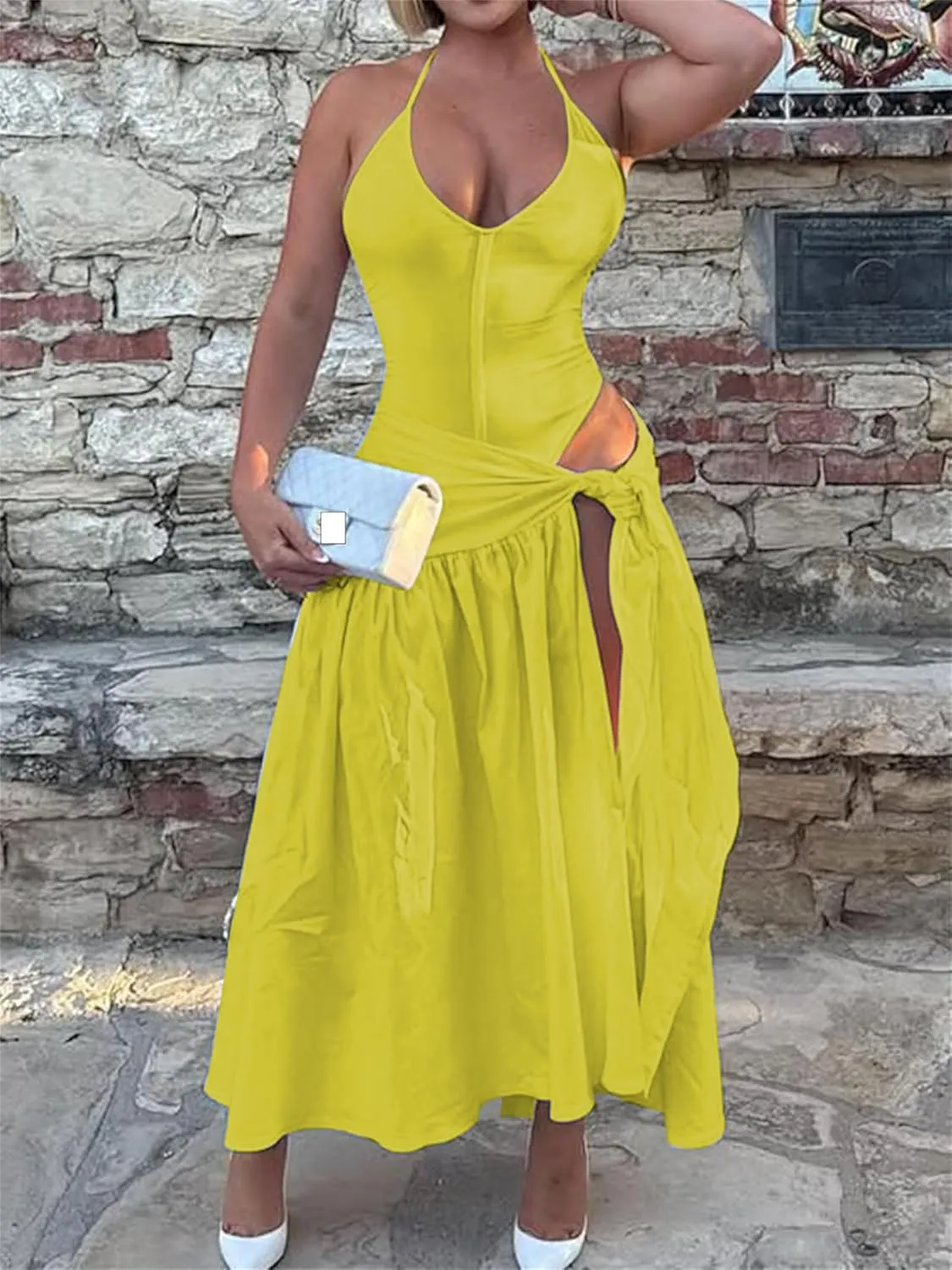 Womens Summer 2 Piece Maxi Skirt Sets Sexy Halter V Neck Backless Thong Bodysuits Wrap Beach Cover Ups Vacation Outfits
