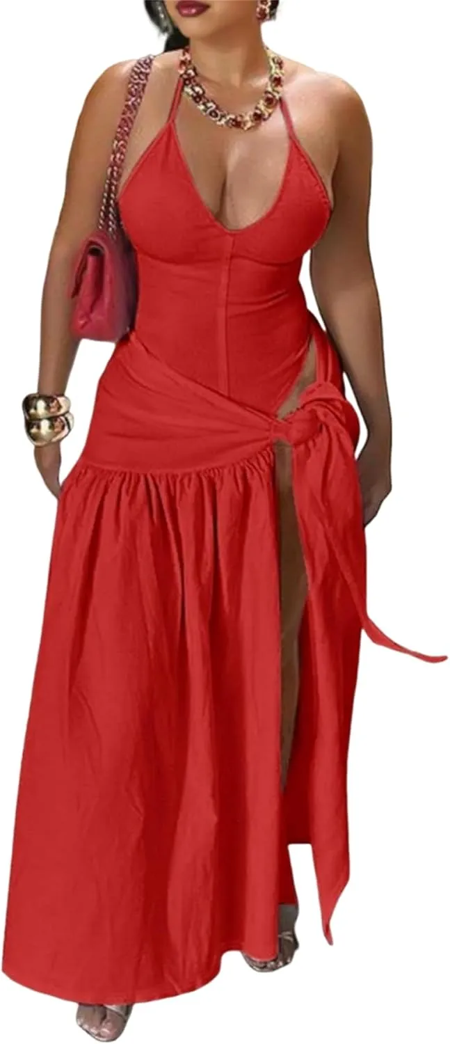 Womens Summer 2 Piece Maxi Skirt Sets Sexy Halter V Neck Backless Thong Bodysuits Wrap Beach Cover Ups Vacation Outfits