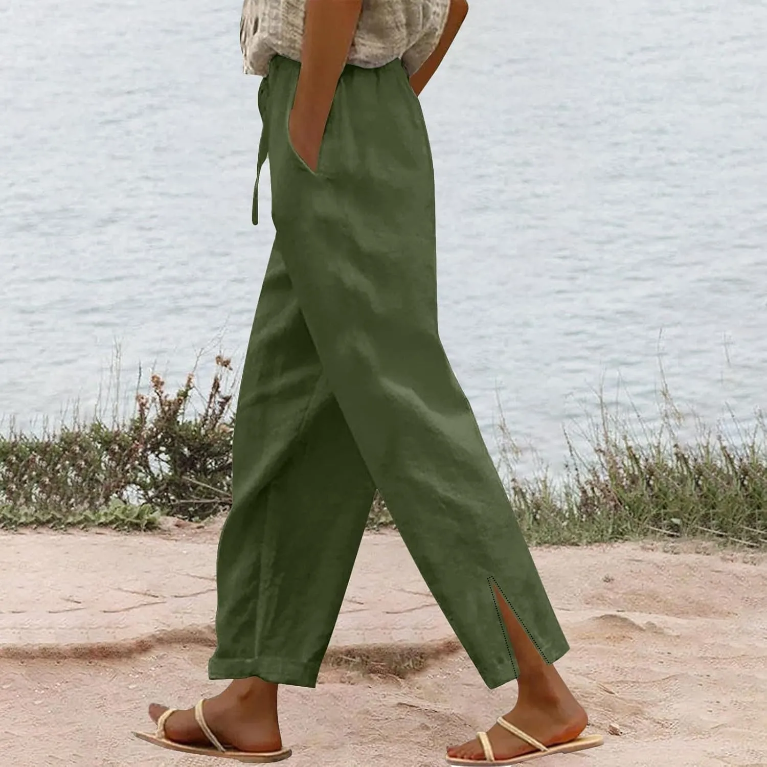 Women's Summer Long Solid Color Cotton Linen Straight Leg Loose Casual Pants Pants with Pockets Summer