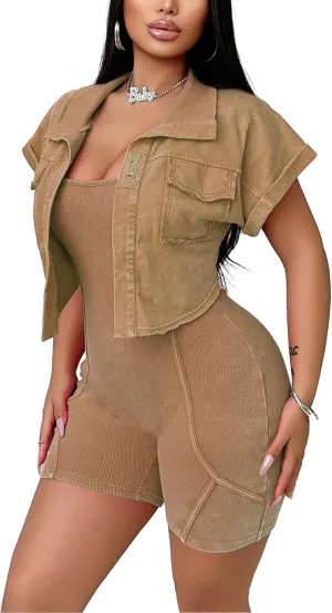 Women's Workout Jumpsuits Two Piece Ribbed Square Neck Yoga Romper Short Sexy Bodycon Bodysuits Summer Outfits