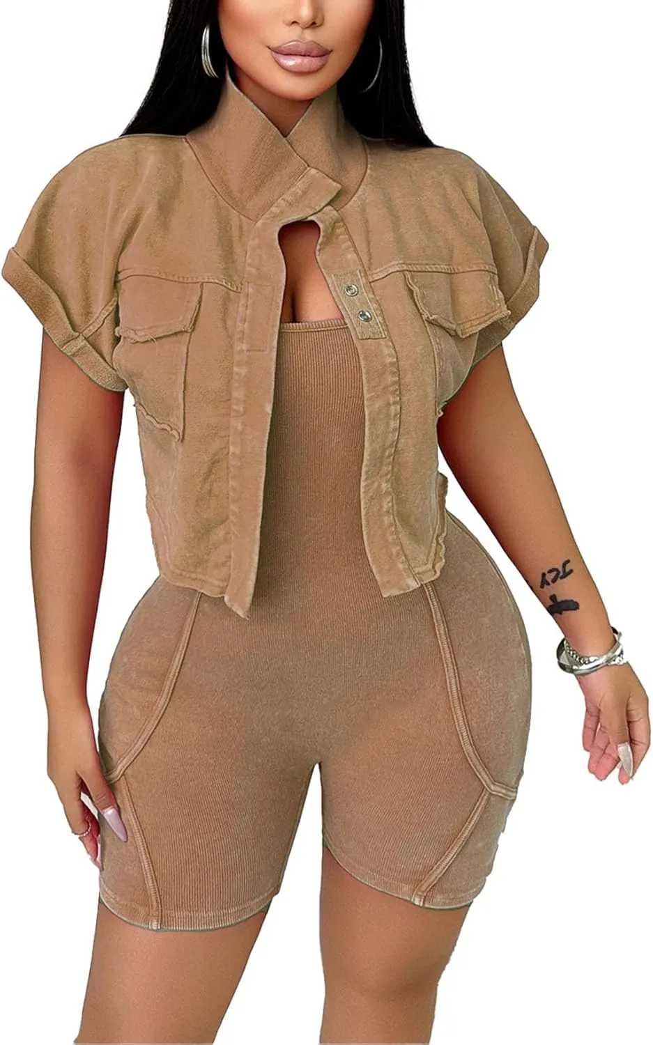 Women's Workout Jumpsuits Two Piece Ribbed Square Neck Yoga Romper Short Sexy Bodycon Bodysuits Summer Outfits