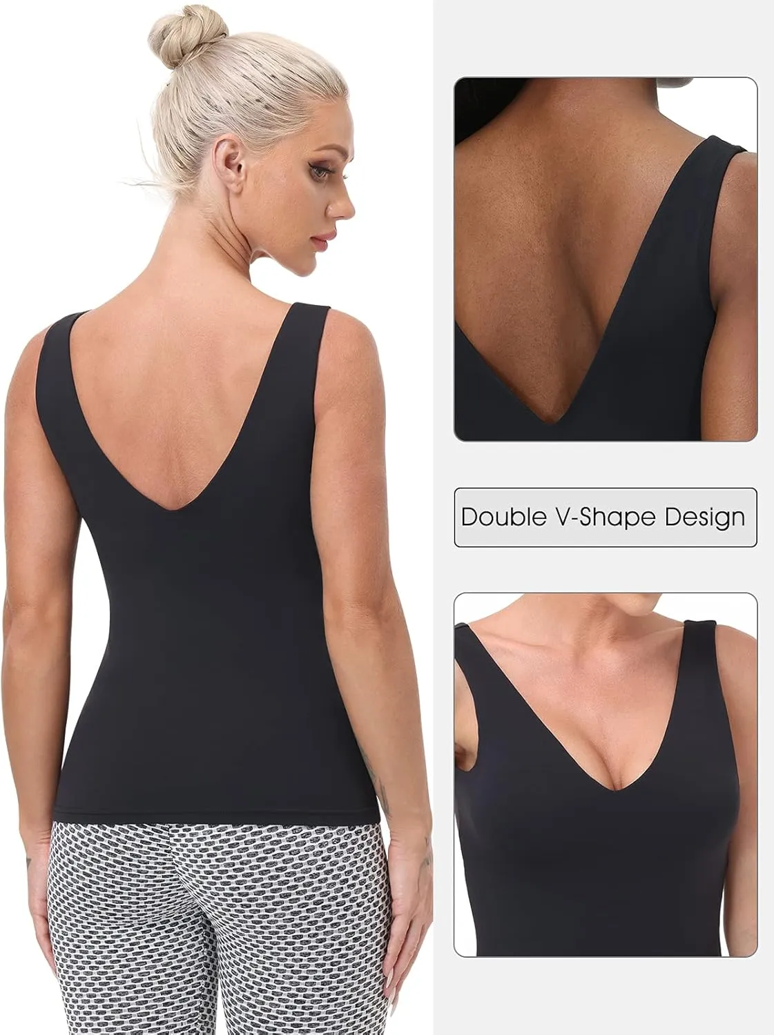Workout Tops for Women Yoga Tank Tops with Built in Bra Wirefree Padded Yoga Bras Gym Running Athletic Shirt V-Neck Camisole