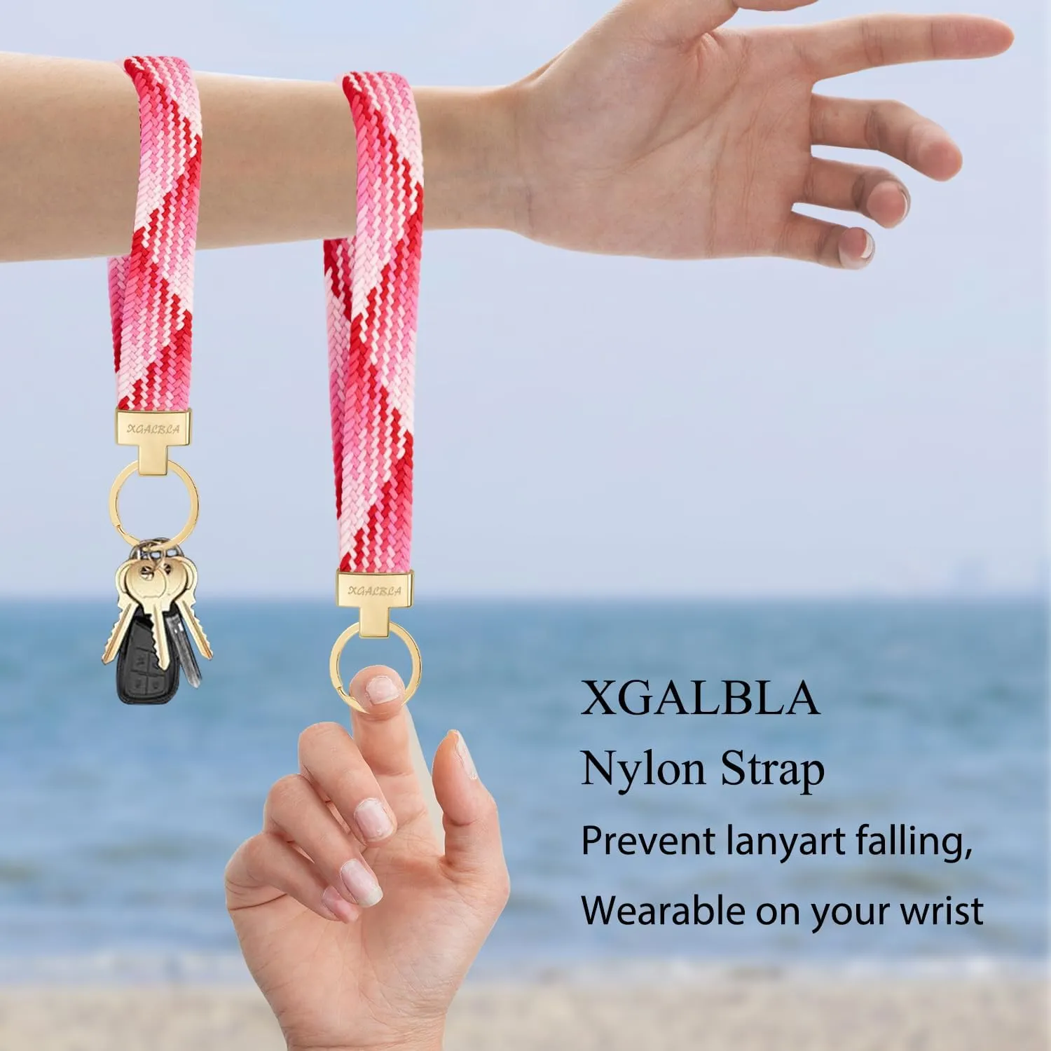 XGALBLA Women's Stretchy Wristlet Keychain,Cute Key Chain,Woven Wrist Lanyard for Car Keys Holder with 3 Keyrings and D-ring