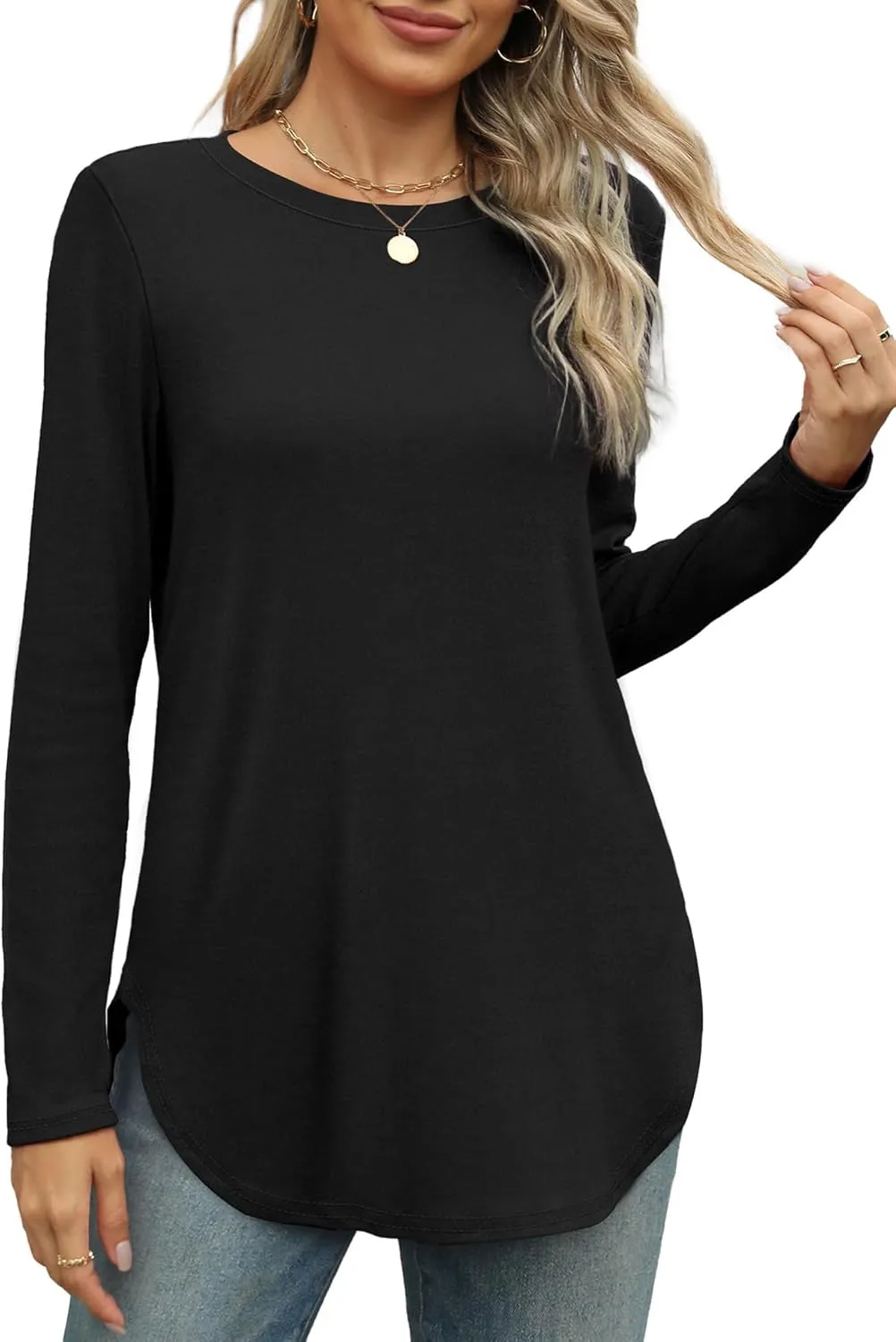 XIEERDUO Womens Long Sleeve Round Neck Shirts Side Split Basic Loose Tunic Tops Casual 2025