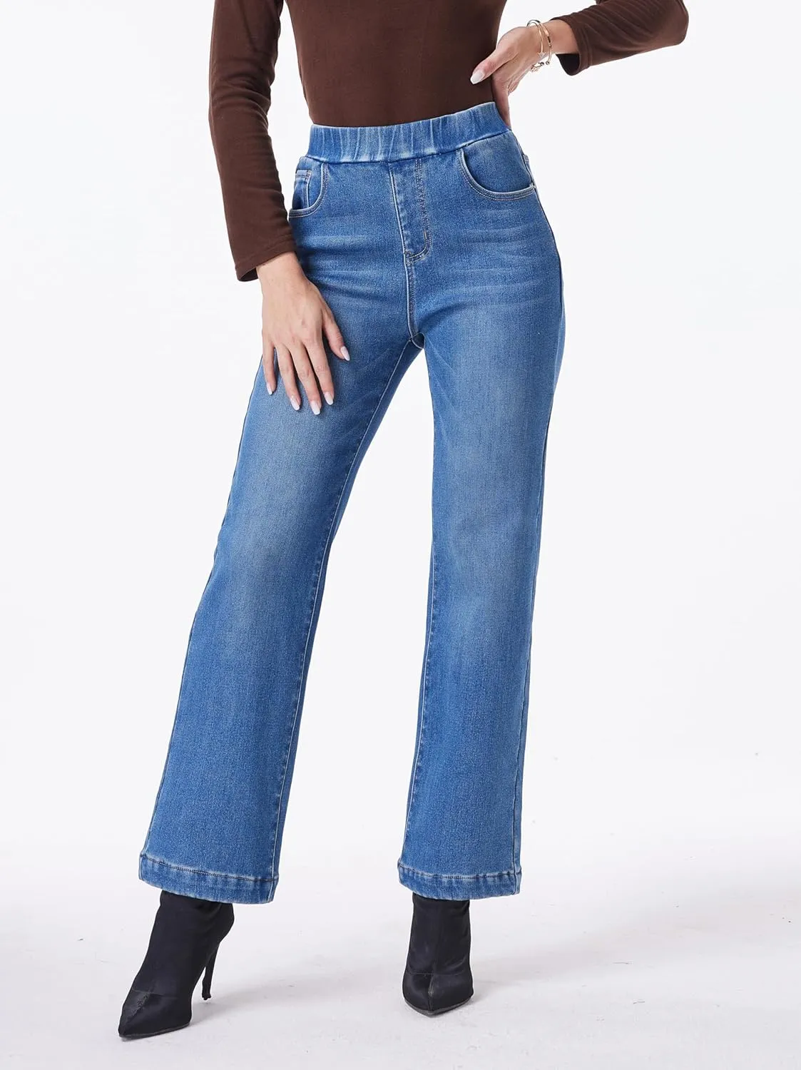 Yehopere Women's Fleece Lined Jeans High Waisted Wide Leg Jeans Winter Flannel Fleece Lined Jean