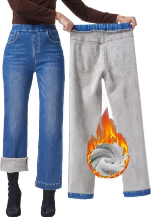 Yehopere Women's Fleece Lined Jeans High Waisted Wide Leg Jeans Winter Flannel Fleece Lined Jean