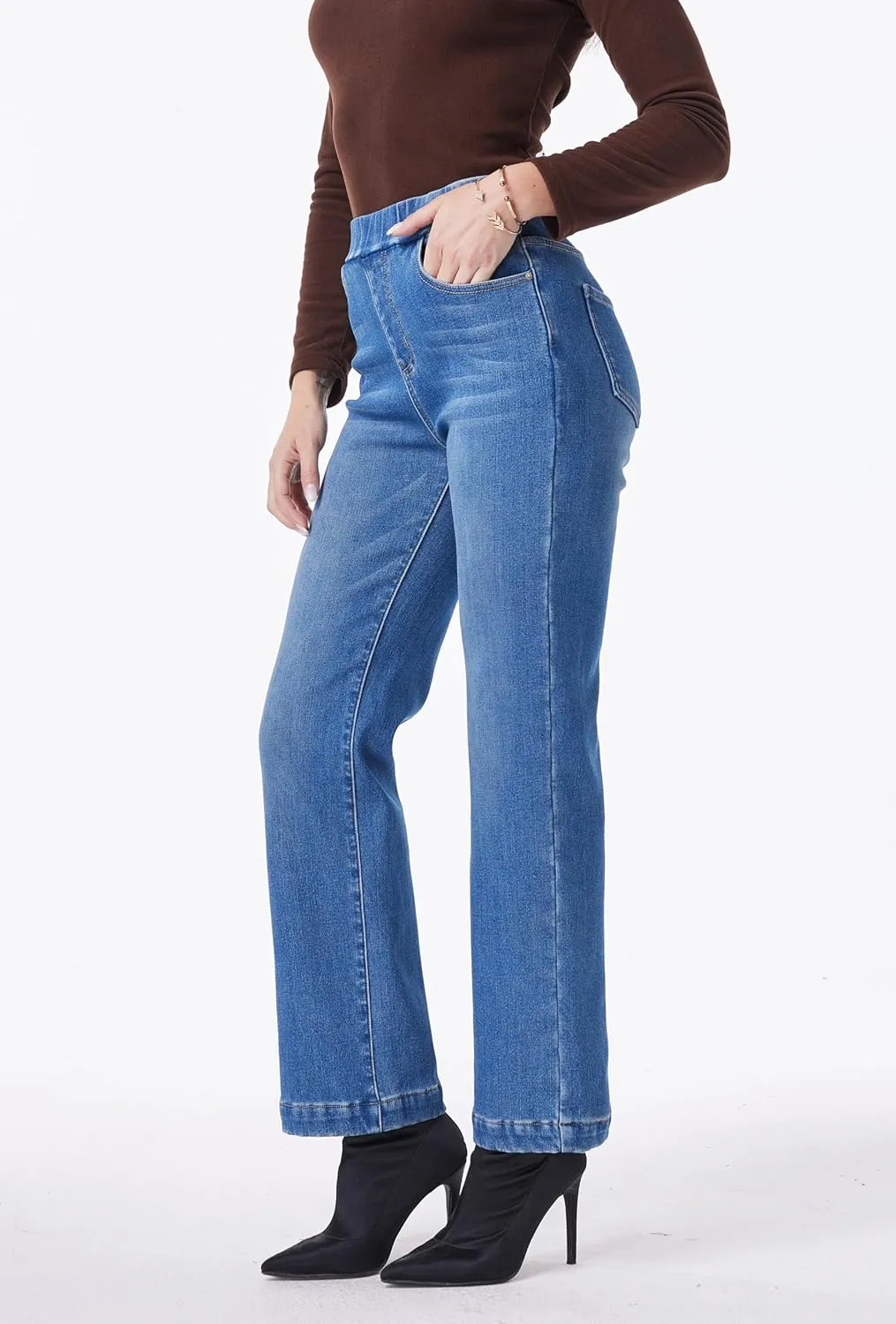 Yehopere Women's Fleece Lined Jeans High Waisted Wide Leg Jeans Winter Flannel Fleece Lined Jean