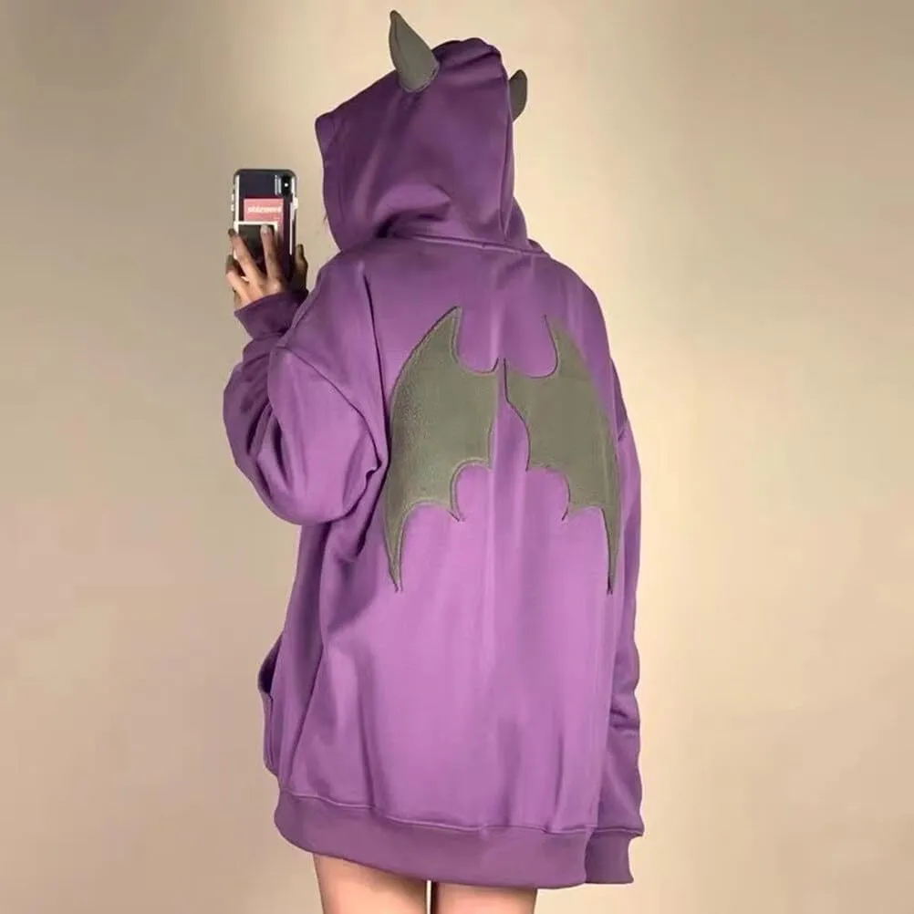 YEMOCILE Women Devil Wing Hooded Sweatshirt Casual Loose Long Sleeve Hoodies Pullover Tops