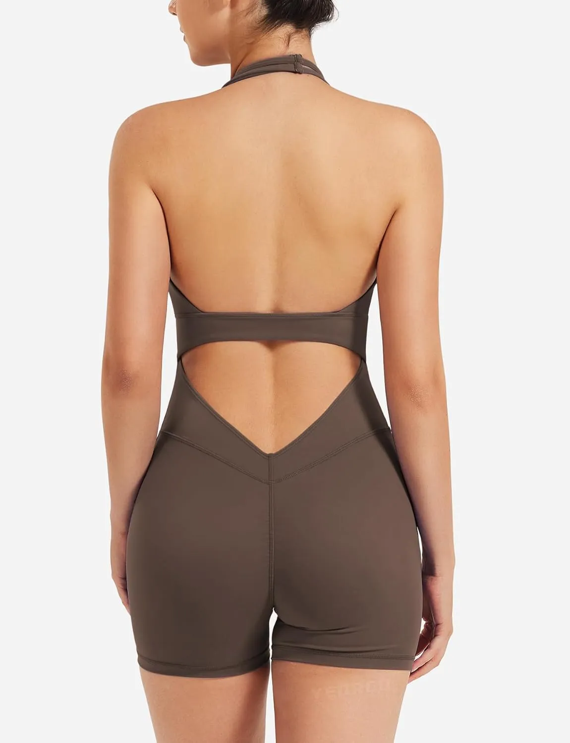 YEOREO Women Halter Workout Jumpsuits One Piece Backless Bodycon Bodysuits Hidden Scrunch V Back Yoga Joceline Short Romper