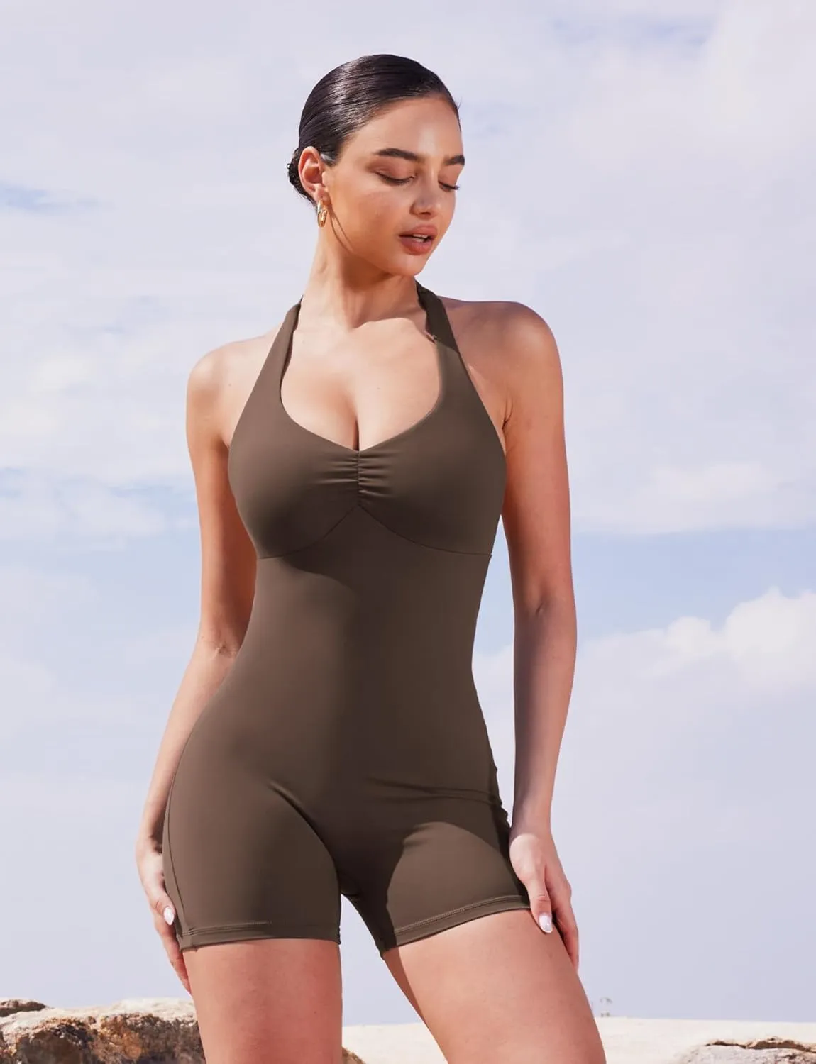 YEOREO Women Halter Workout Jumpsuits One Piece Backless Bodycon Bodysuits Hidden Scrunch V Back Yoga Joceline Short Romper