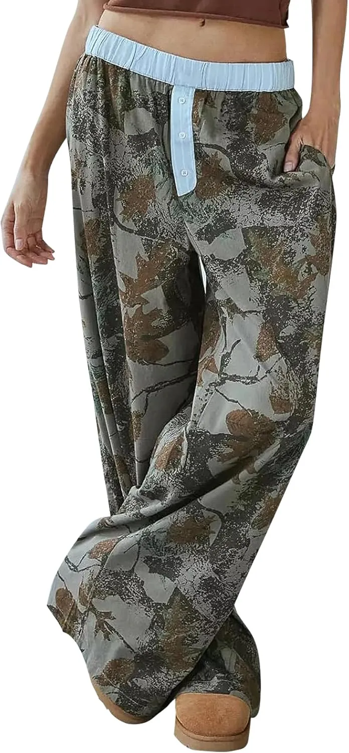 YKR Women's Camo Pants Y2K Camouflage Wide Leg Sweatpants Elastic Waist Drawstring Baggy Joggers with Pockets