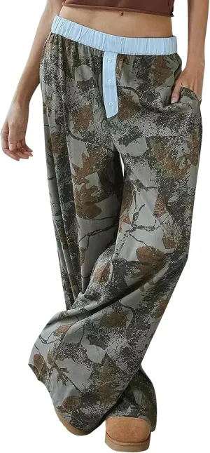 YKR Women's Camo Pants Y2K Camouflage Wide Leg Sweatpants Elastic Waist Drawstring Baggy Joggers with Pockets