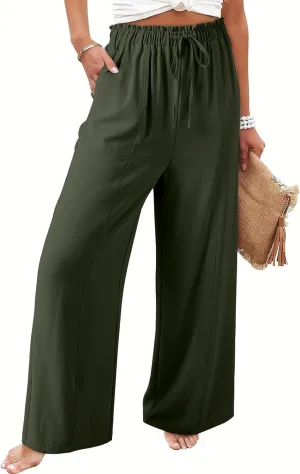 YRAETENM Cotton Linen Wide Leg Pants for Women Summer Boho Wide Leg Palazzo Pants Casual Flowy Beach Trousers with Pockets