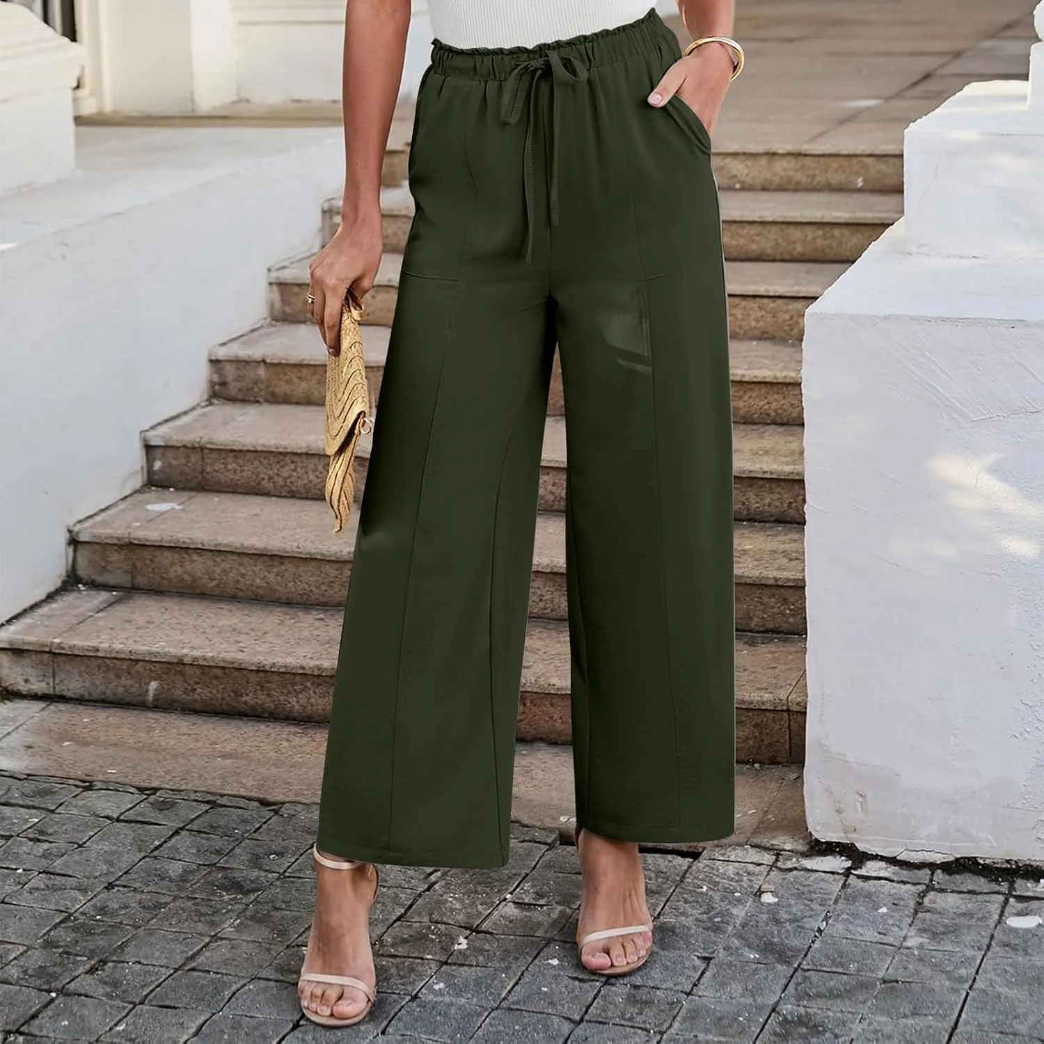 YRAETENM Cotton Linen Wide Leg Pants for Women Summer Boho Wide Leg Palazzo Pants Casual Flowy Beach Trousers with Pockets