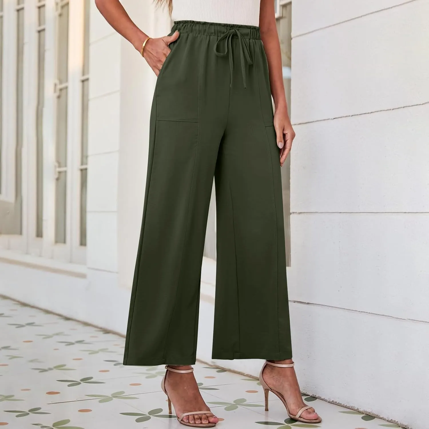 YRAETENM Cotton Linen Wide Leg Pants for Women Summer Boho Wide Leg Palazzo Pants Casual Flowy Beach Trousers with Pockets