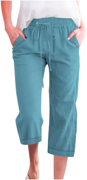 YRAETENM Linen Capri Pants for Women Summer Drawstring Elastic High Waist Cotton Pants Comfy Wide Leg Plus Size Lounge Capris