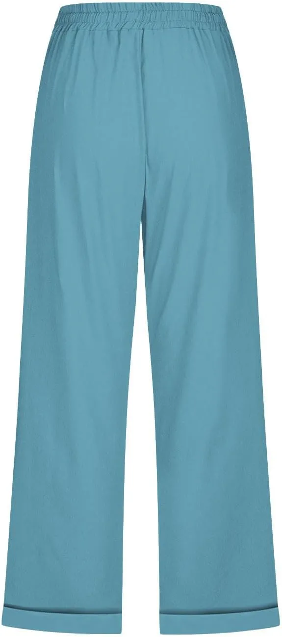 YRAETENM Linen Capri Pants for Women Summer Drawstring Elastic High Waist Cotton Pants Comfy Wide Leg Plus Size Lounge Capris