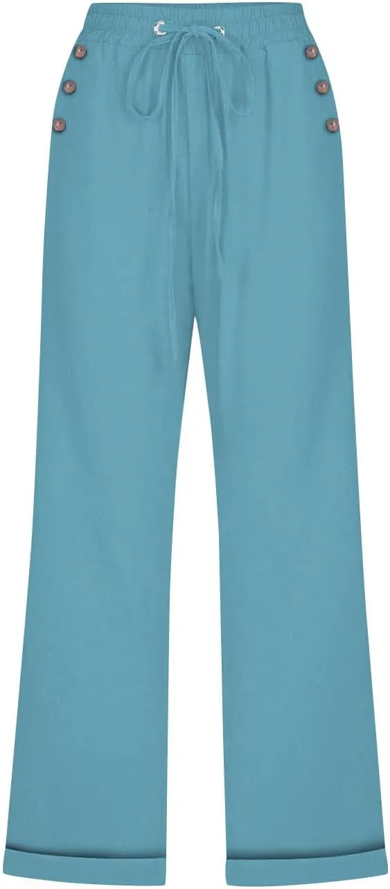 YRAETENM Linen Capri Pants for Women Summer Drawstring Elastic High Waist Cotton Pants Comfy Wide Leg Plus Size Lounge Capris