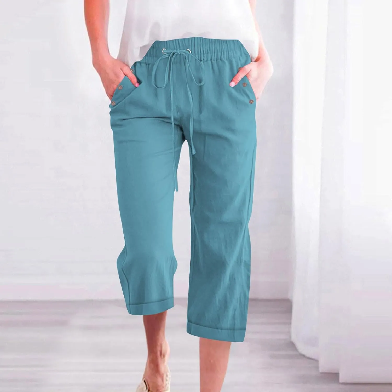 YRAETENM Linen Capri Pants for Women Summer Drawstring Elastic High Waist Cotton Pants Comfy Wide Leg Plus Size Lounge Capris