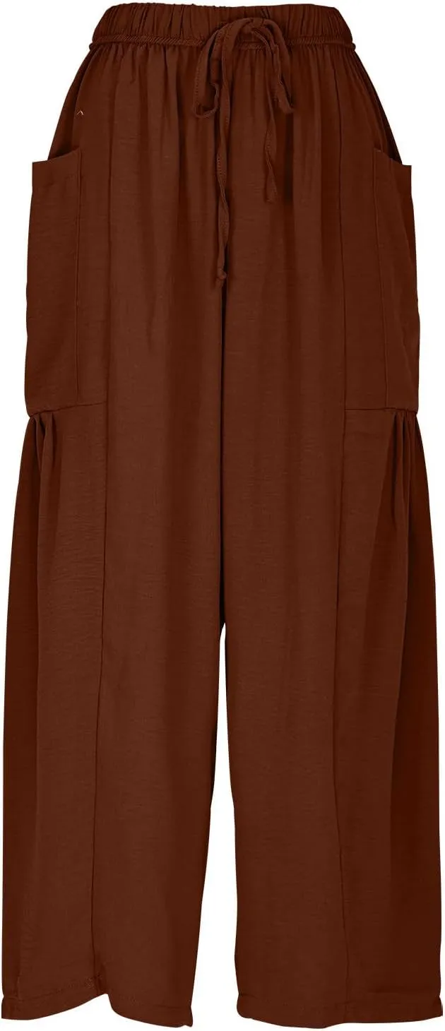 YRAETENM Women Linen Baggy Harem Pants Summer Drawstring High Waist Wide Leg Pants Loose Flowy Casual Palazzo Lounge Trousers