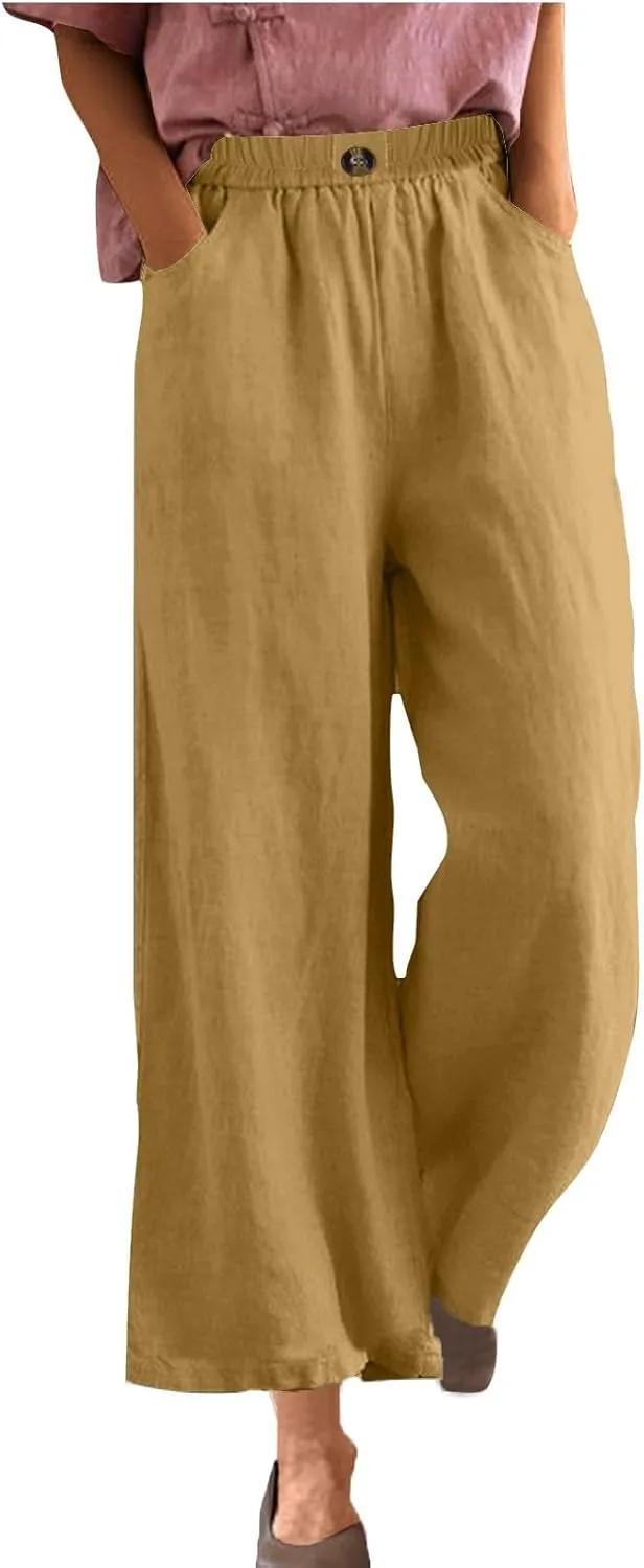 YRAETENM Womens Linen Pants High Waisted Lounge Pants Casual Wide Leg Pants Plus Size Baggy Slacks Trousers with Pockets