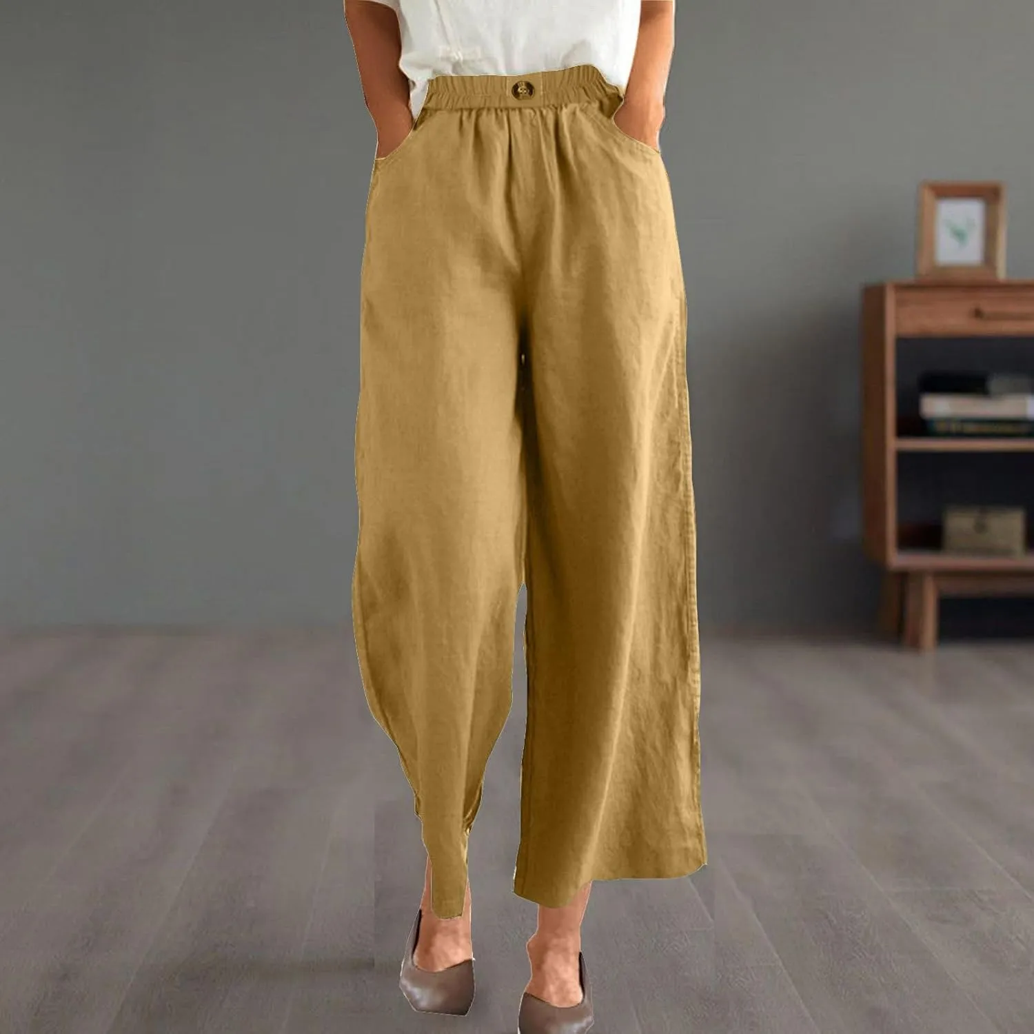 YRAETENM Womens Linen Pants High Waisted Lounge Pants Casual Wide Leg Pants Plus Size Baggy Slacks Trousers with Pockets