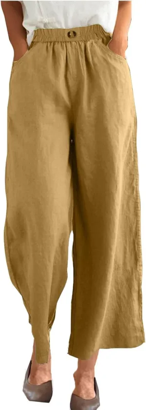 YRAETENM Womens Linen Pants High Waisted Lounge Pants Casual Wide Leg Pants Plus Size Baggy Slacks Trousers with Pockets