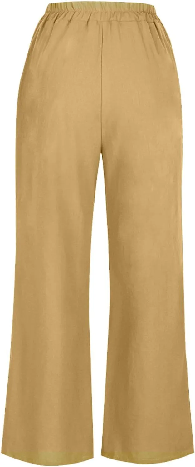 YRAETENM Womens Linen Pants High Waisted Lounge Pants Casual Wide Leg Pants Plus Size Baggy Slacks Trousers with Pockets