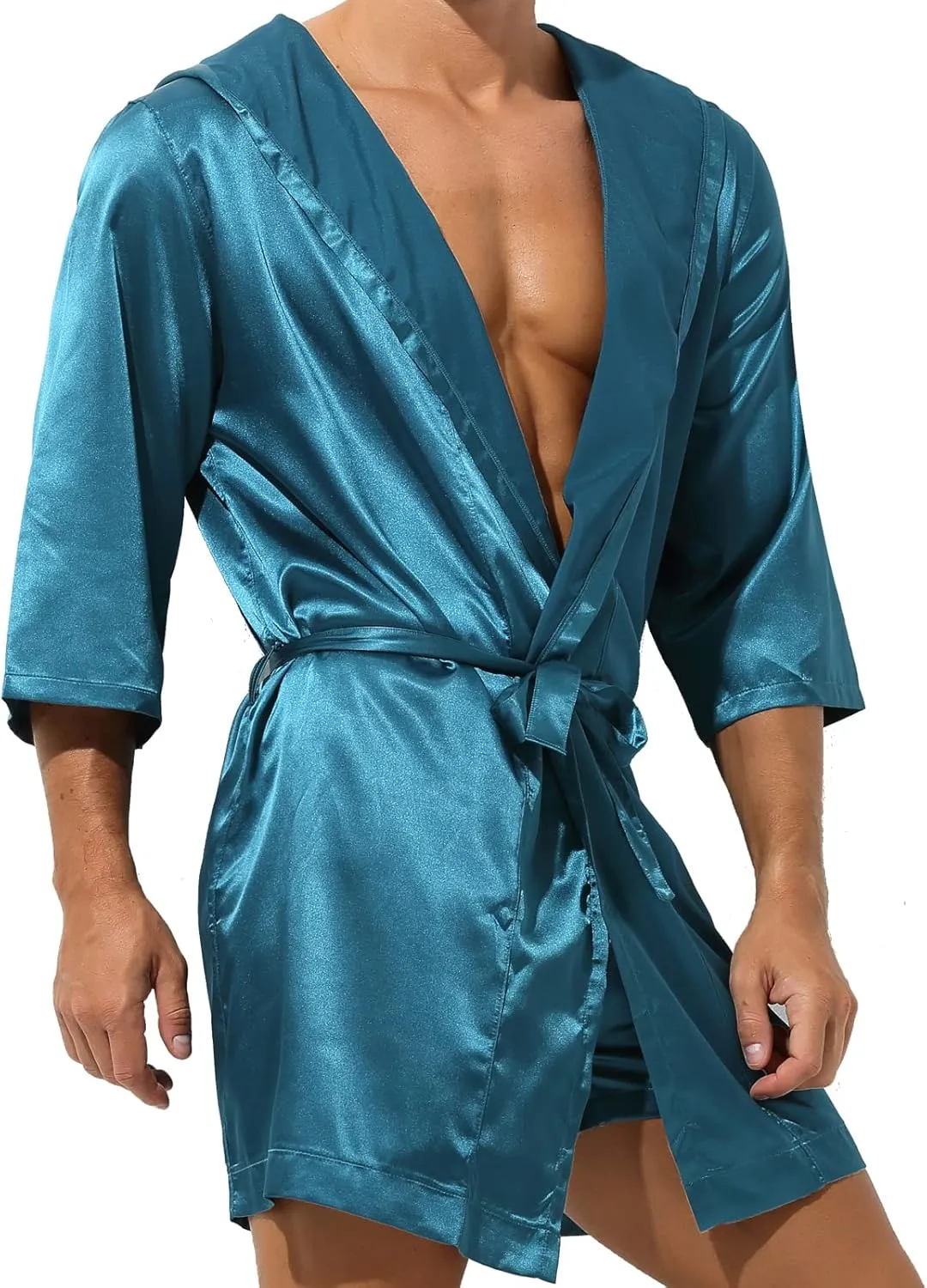 YUFEIDA Mens Satin Robe Silky Bathrobe with Shorts Lightweight Sleepwear Luxurious Pyjama Set Hooded Nightgown with Shorts